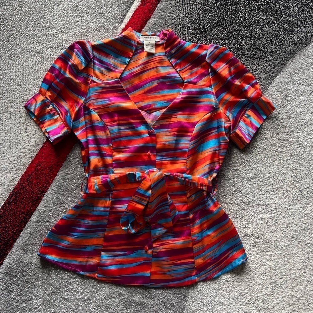 Vertigo Paris Abstract Print Belted Blouse